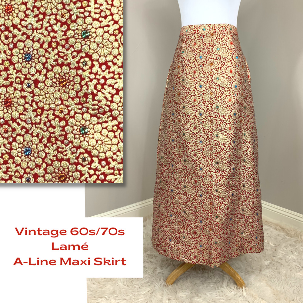 Vintage Red and Gold Floral Lamé A-Line Maxi Skirt